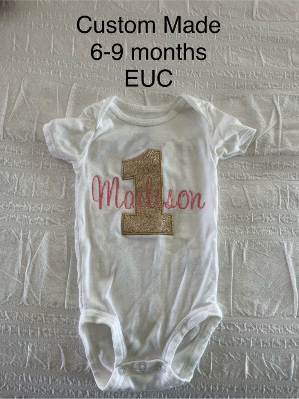 Custom White Baby One-Piece with Gold Number and Pink Name